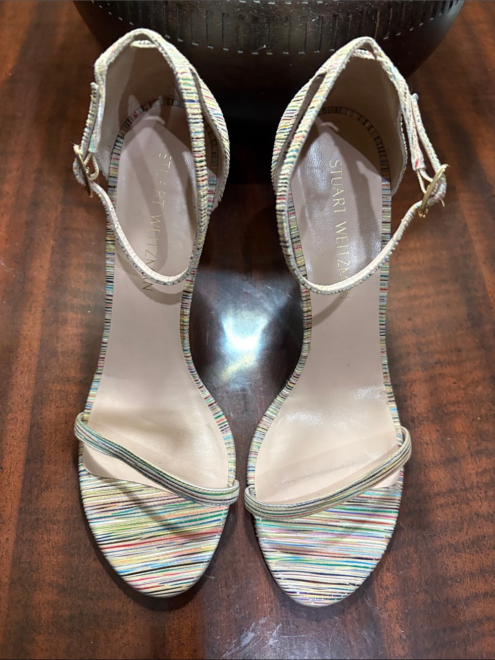 Stuart Weitzman Multicolored Striped Ankle-Strap Heels